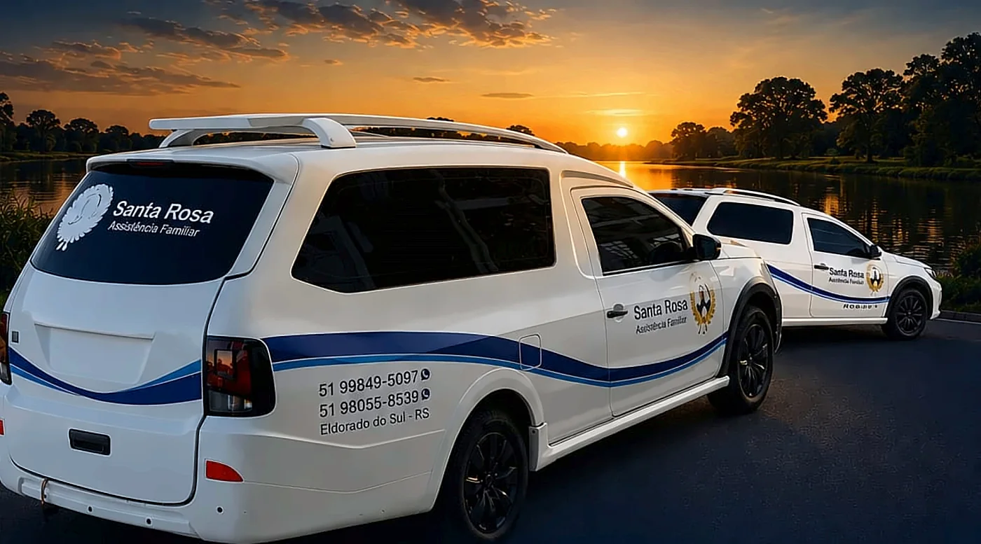 Veículos da Funerária Santa Rosa ao pôr do sol, com o nome Santa Rosa Assistência Familiar e os telefones de contato